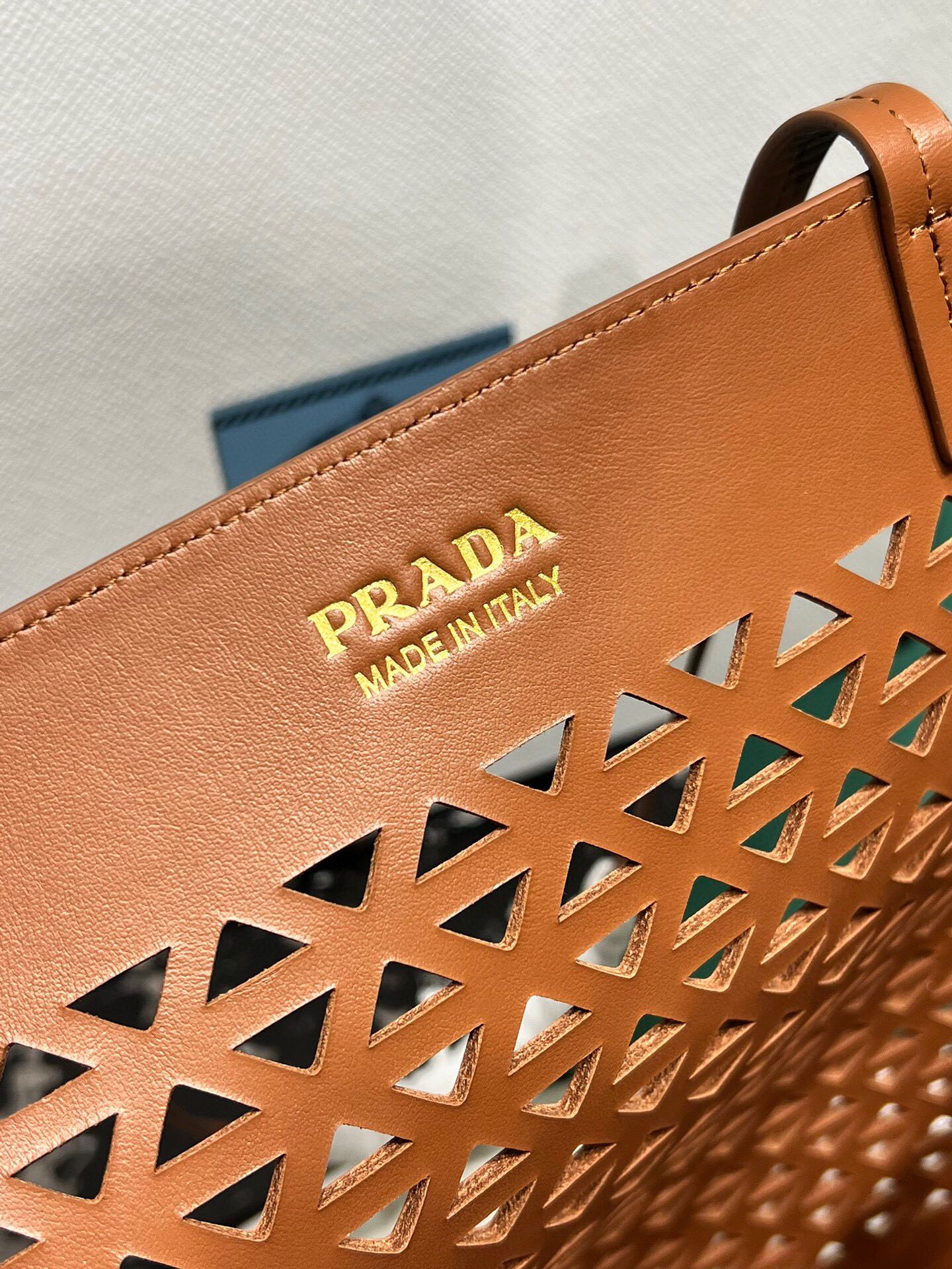 Prada Large Perforated Leather Tote Bag Handbag Caramel 1BG503